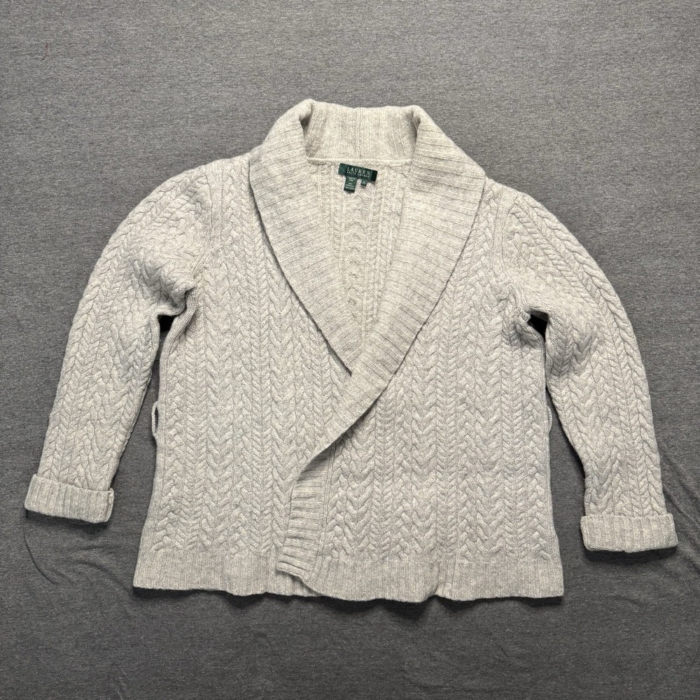 Lauren Ralph Lauren 100% Lambswool Gray Cable Knit Cardigan Size XL MISSING BELT